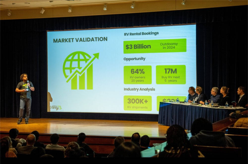 Matt Larson, affiliate faculty of instruction at the DeVos Center for Entrepreneurship & Innovation, talks about his Vanly app to a panel of judges as part of the Grand Rapids Deep Tech Pitch Competition.